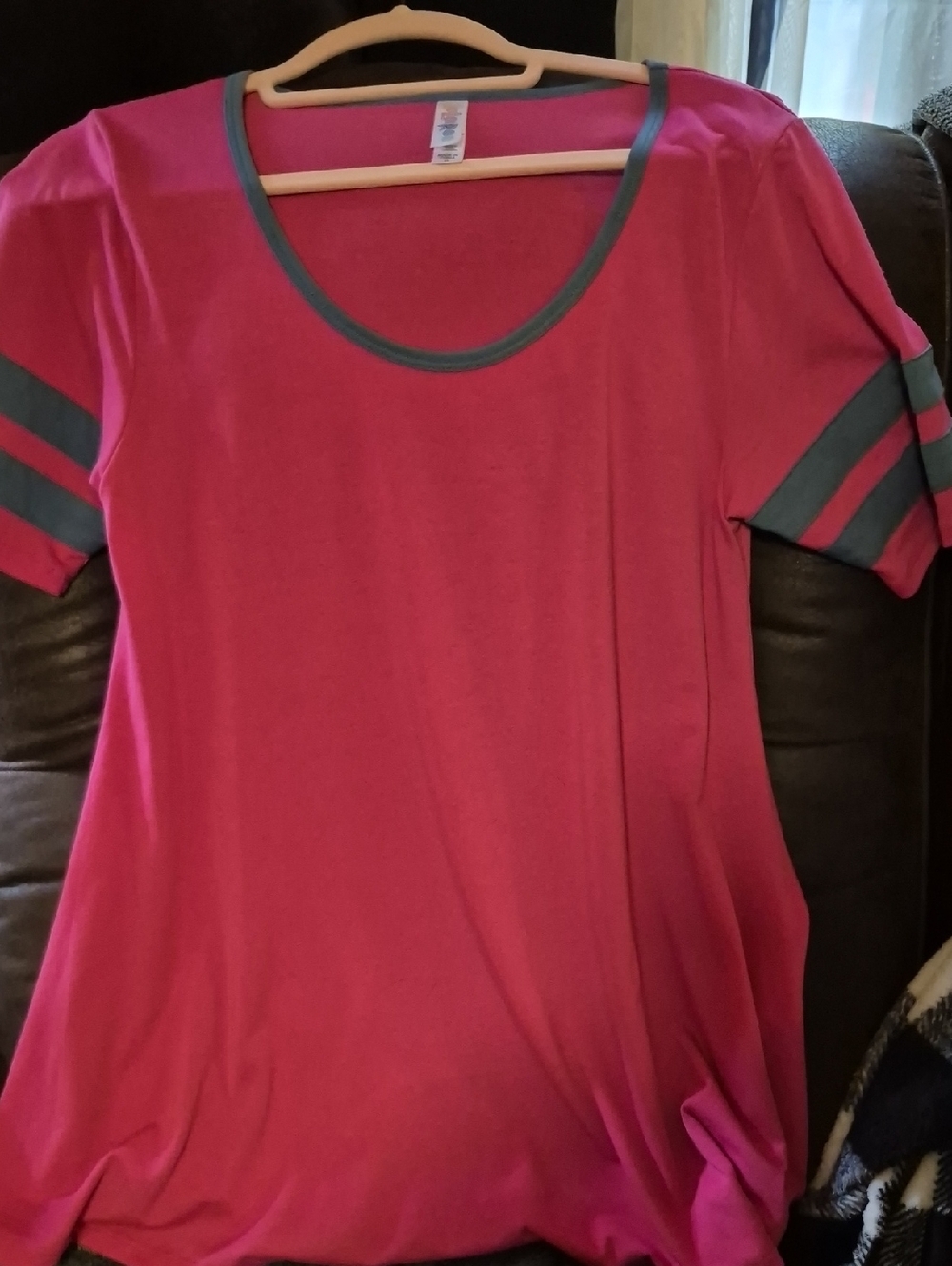 LuLaRoe Bright Pink Short Sleeve Scoop Neck Tee Dress with Gray Trim